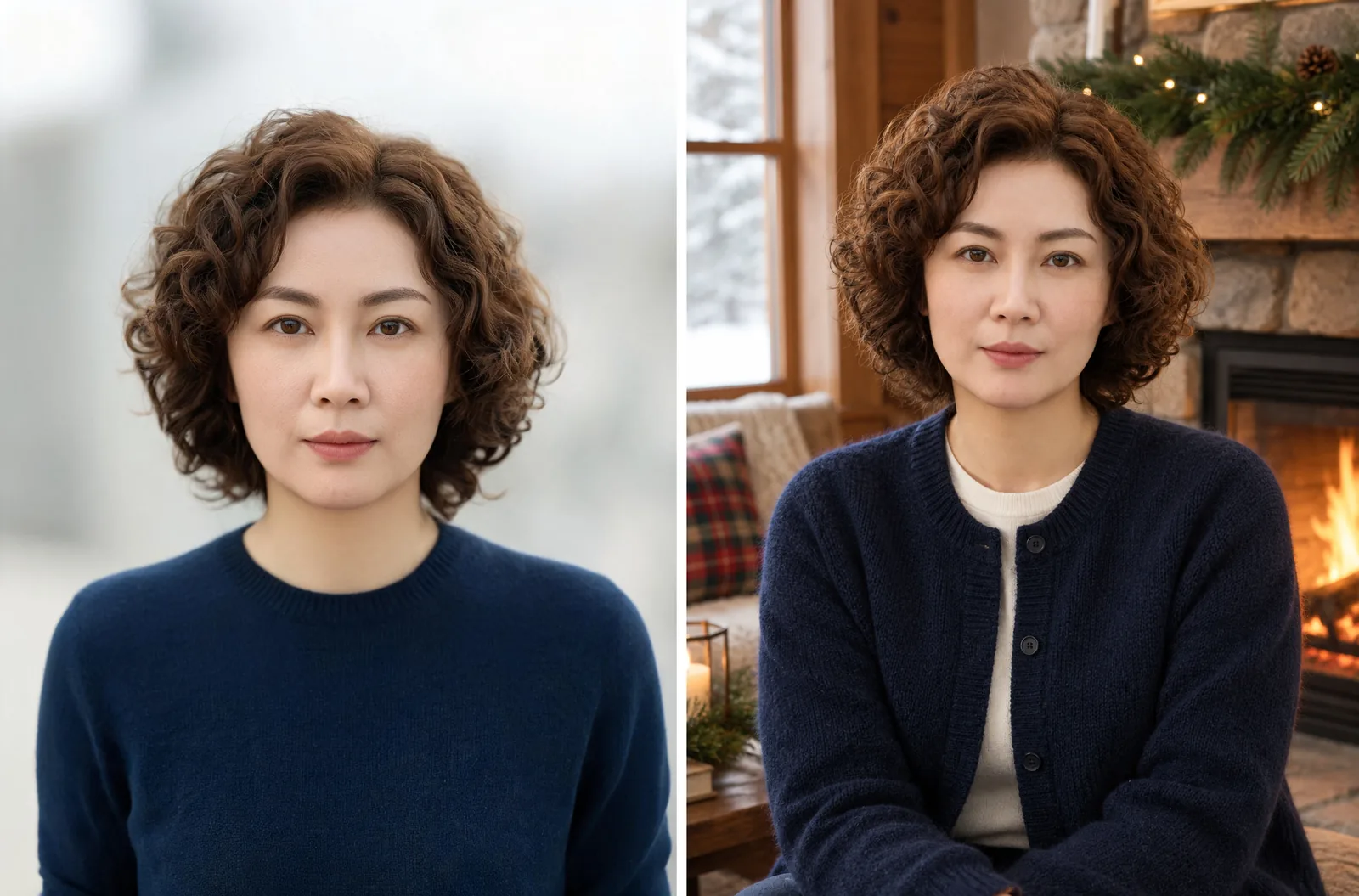 AI Christmas photo generator comparison: fictional woman in a navy sweater, then a navy cardigan beside a fireplace