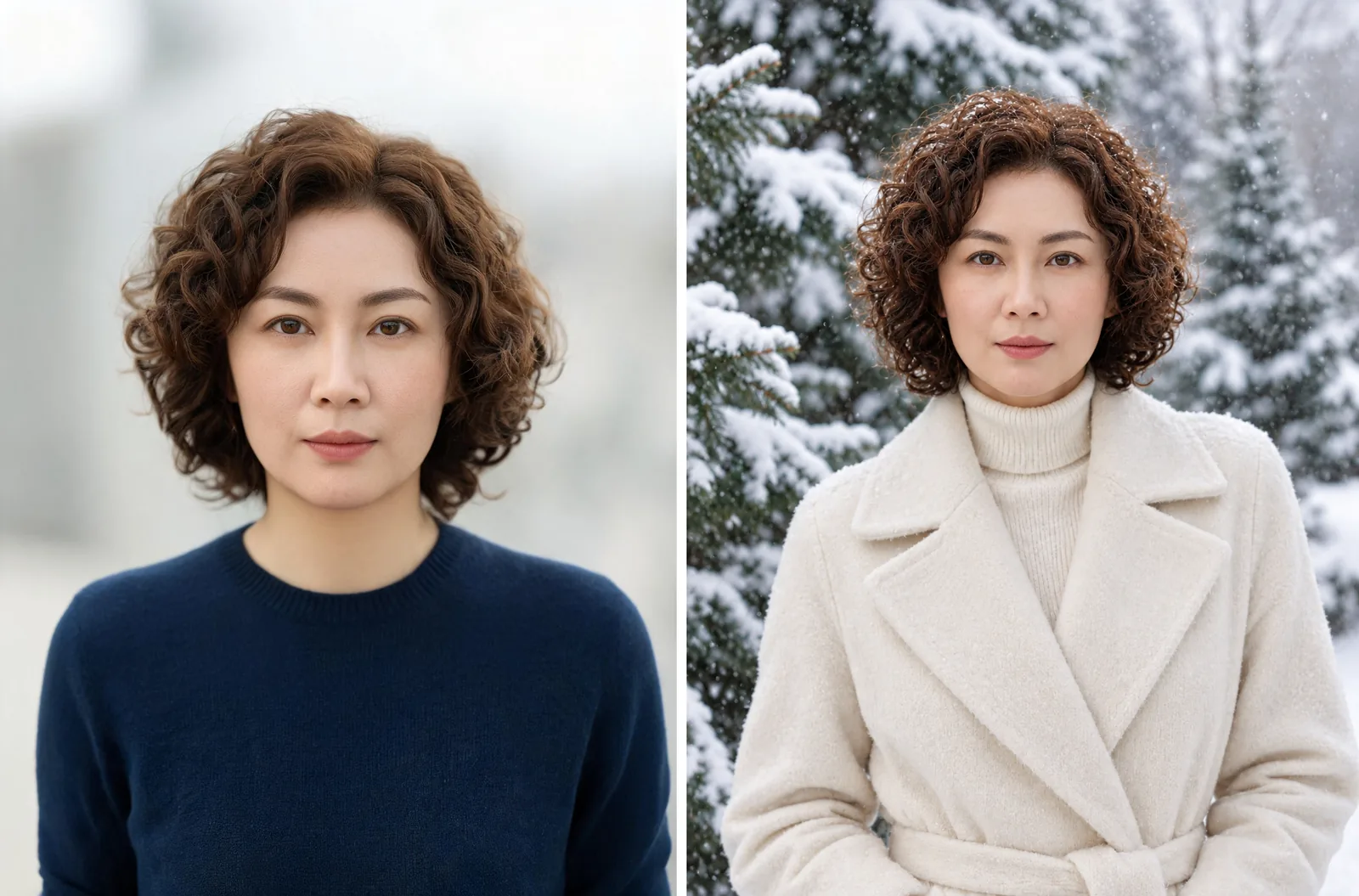 AI Christmas photo generator comparison: fictional woman in a navy sweater, then a cream coat among snowy evergreens