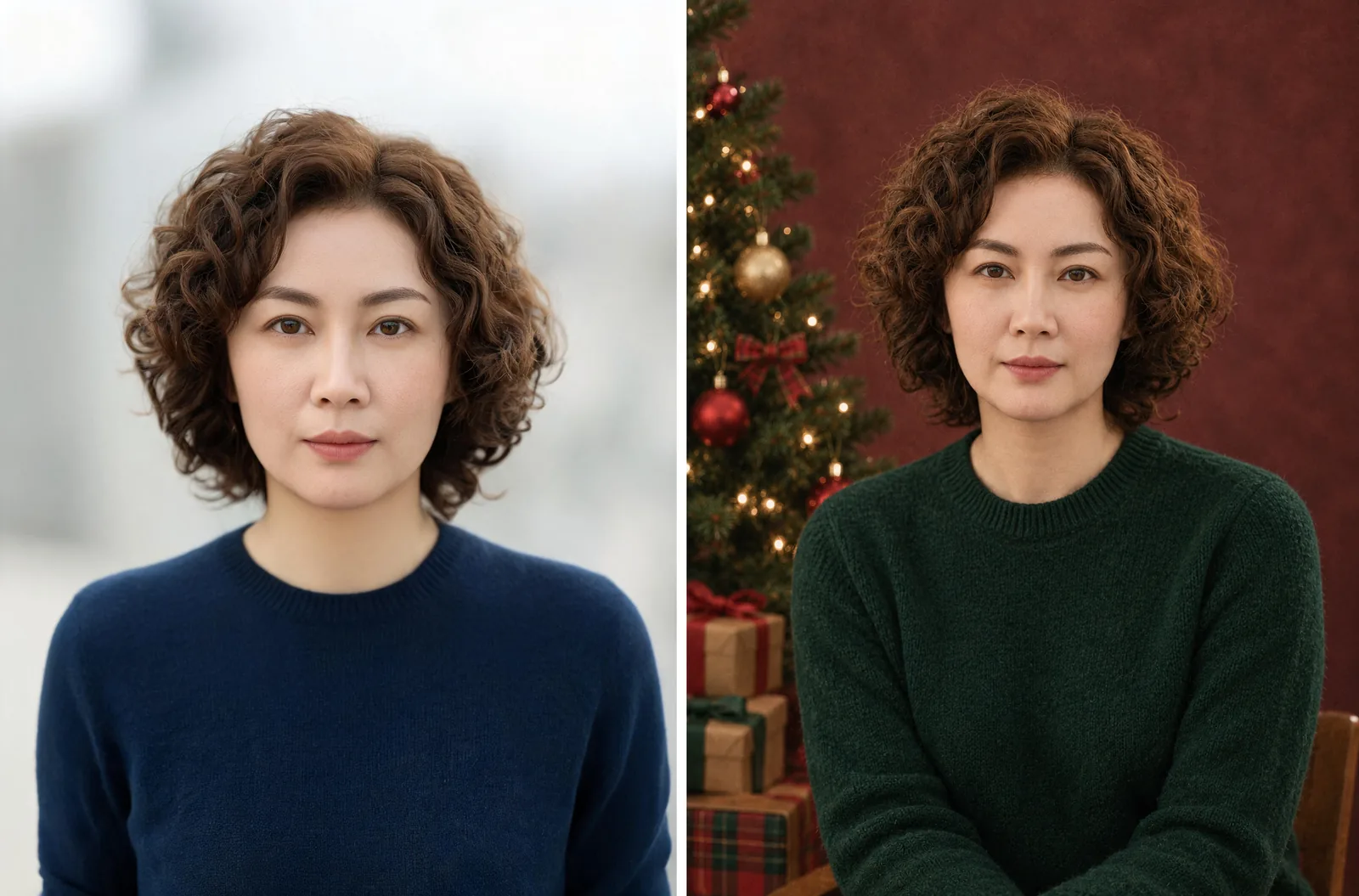 AI Christmas photo generator comparison: fictional woman in a navy sweater, then a green sweater against a burgundy backdrop with a tree and gifts