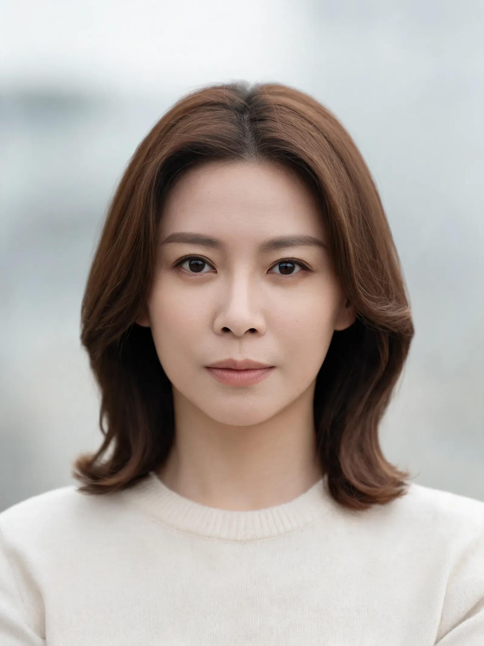 AI-generated reference portrait of a fictional woman with brown hair and a cream crew-neck sweater