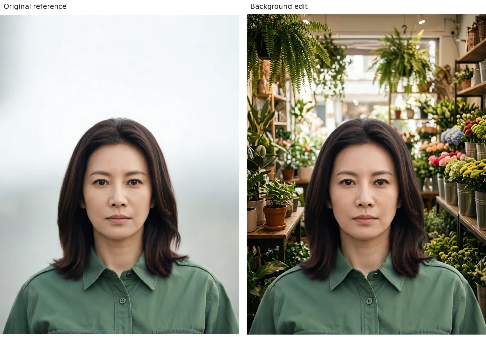 Nano Banana 2.1 background edit: fictional source portrait on the left and flower-shop result on the right