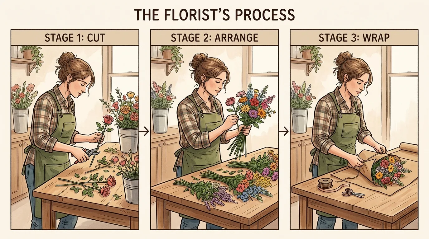 Nano Banana 2.1 florist diagram with three illustrated panels labeled CUT, ARRANGE and WRAP