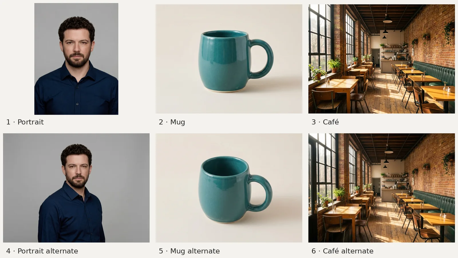 Six reference images in upload order: fictional man, teal mug, brick café, then an alternate view of each