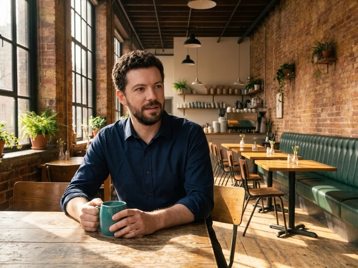 Nano Banana 2.1 output with a fictional man seated left of center holding a teal mug, with windows and a green café bench behind him