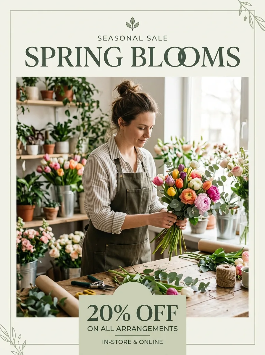 Nano Banana 2.1 flower-shop poster with SPRING BLOOMS above a florist and 20% OFF on a pale green card