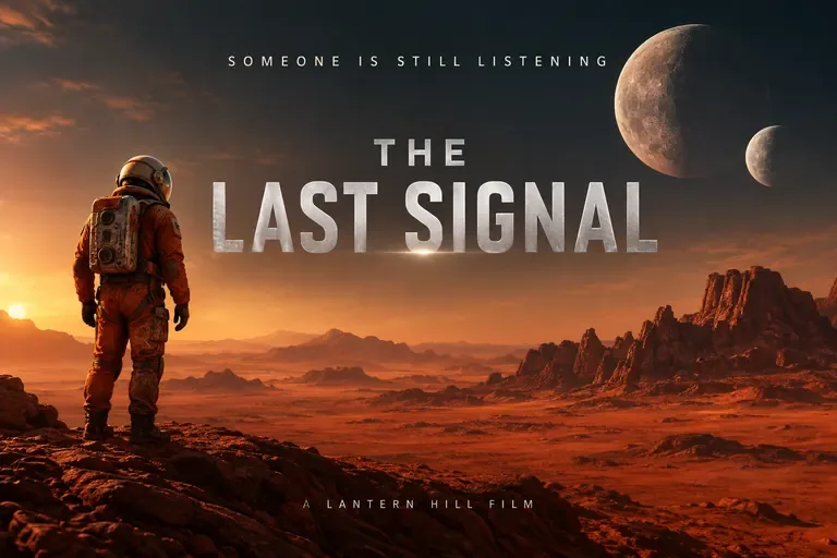 Existing site movie-poster reference with THE LAST SIGNAL beside an orange-suited astronaut on a red desert under two moons
