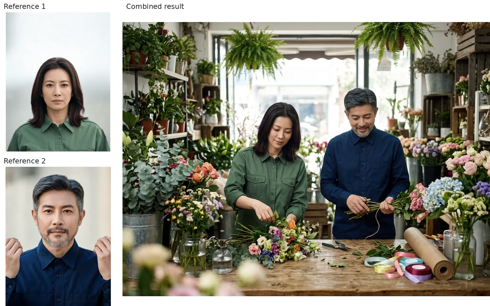 Nano Banana 2.1 two-photo composition: reference portraits on the left and two florists behind a counter on the right