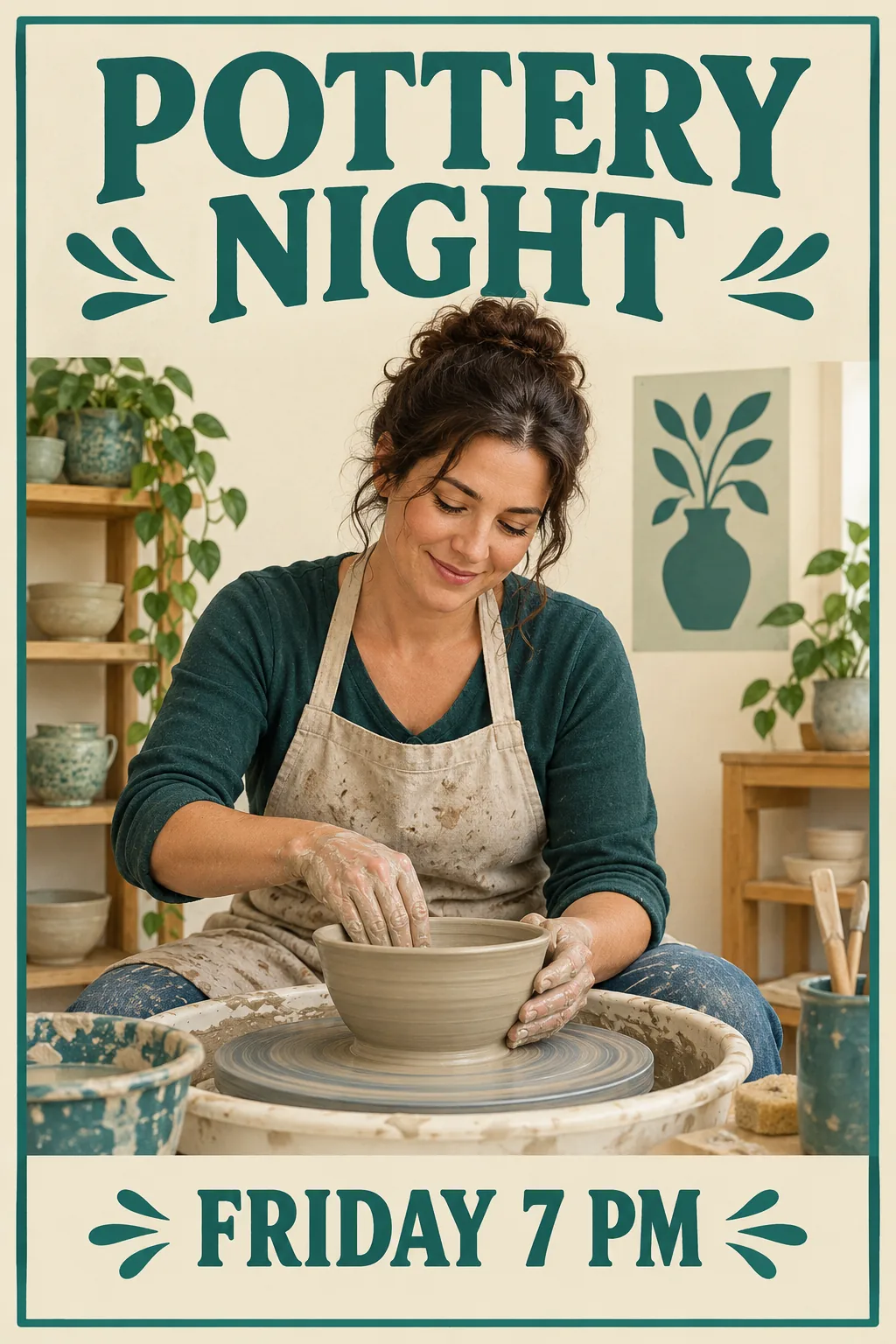 GPT Image 2.5 pottery poster with a two-line teal headline, a photographic scene of a woman at a pottery wheel, and FRIDAY 7 PM at the bottom