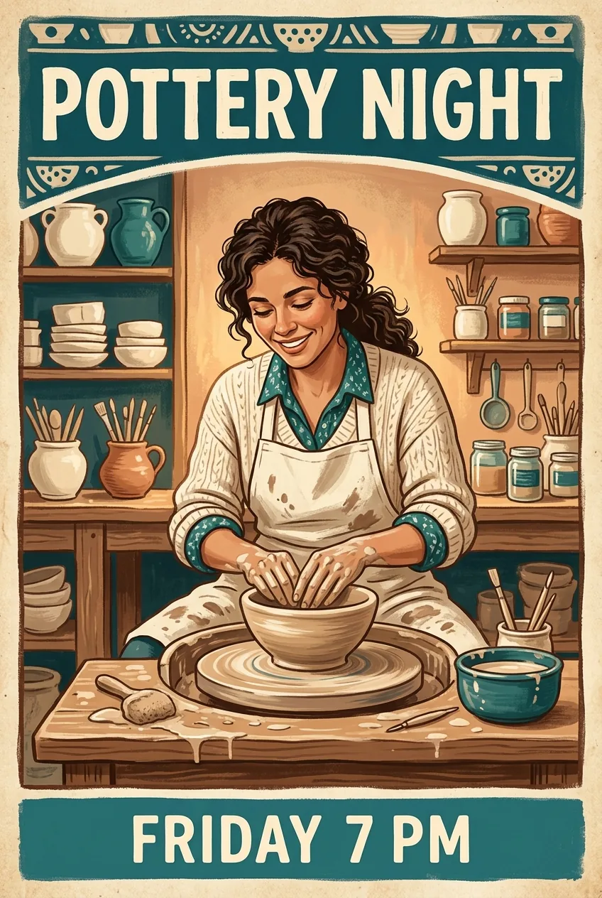 Nano Banana 2 pottery poster with a one-line cream headline on teal, an illustrated woman shaping a bowl, and FRIDAY 7 PM at the bottom