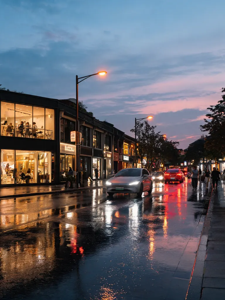 Original photo of a wet city street with lit shops and traffic at dusk