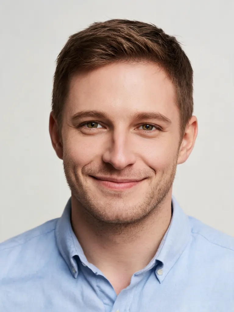 Photo 1: a man with short brown hair in a blue shirt on a plain background