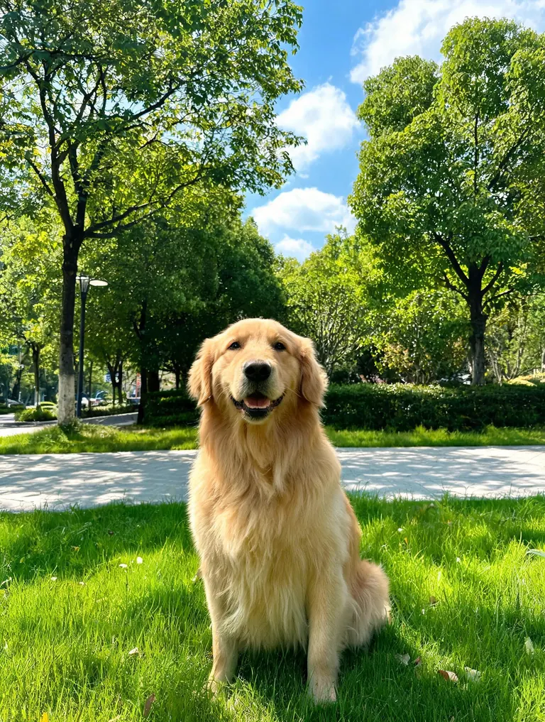 Original photo of a golden retriever sitting on green grass in a sunny park