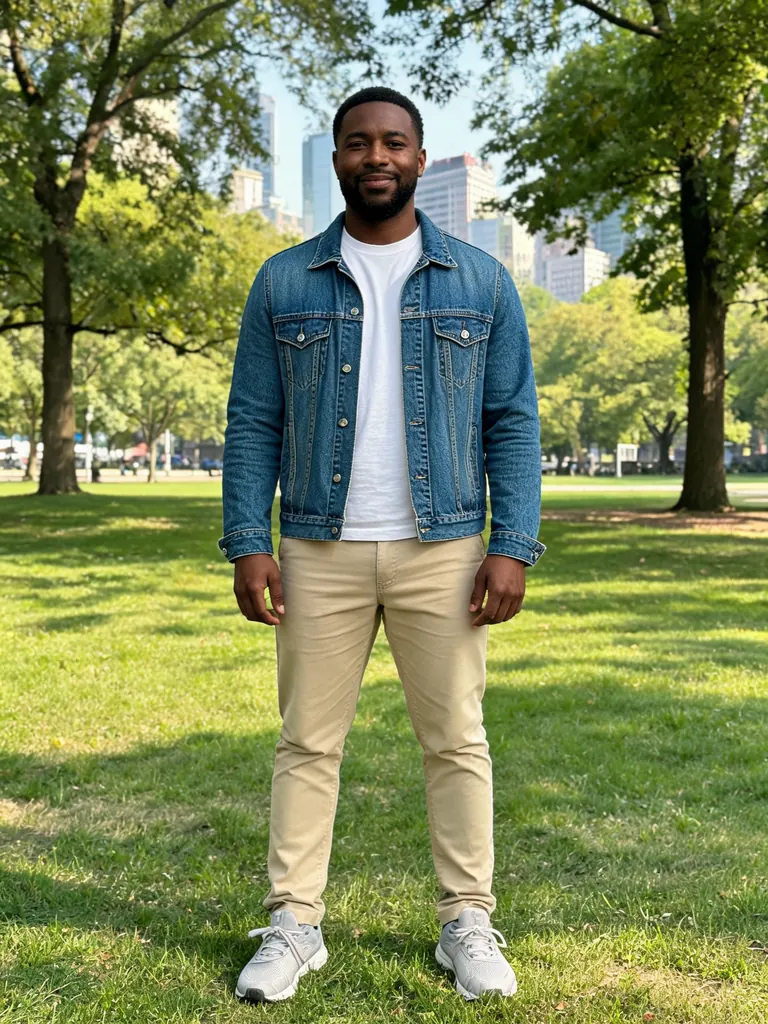 Original full-length photo of a man in a denim jacket standing in a city park