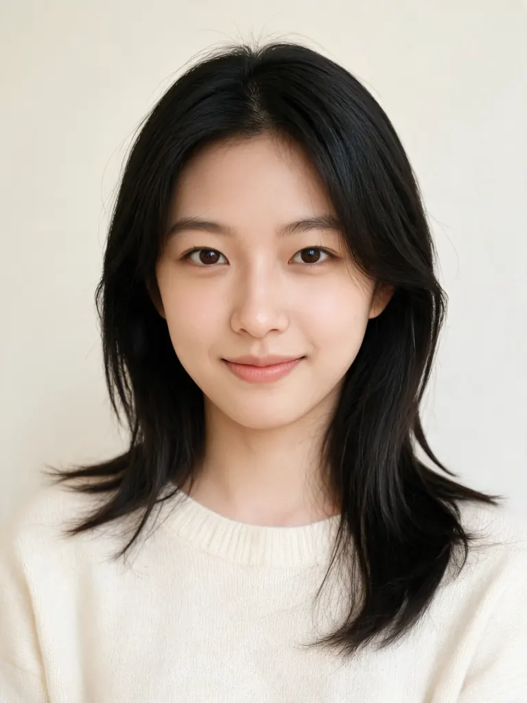 Original photo of a young woman in a cream sweater against a plain light wall