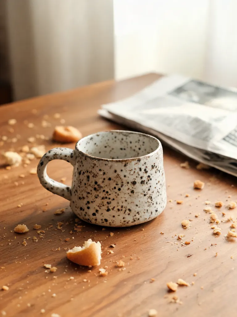 Original phone photo of a handmade ceramic mug on a cluttered table