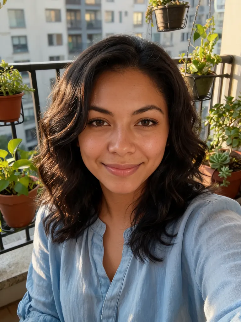 Original selfie of a woman on a balcony in afternoon light