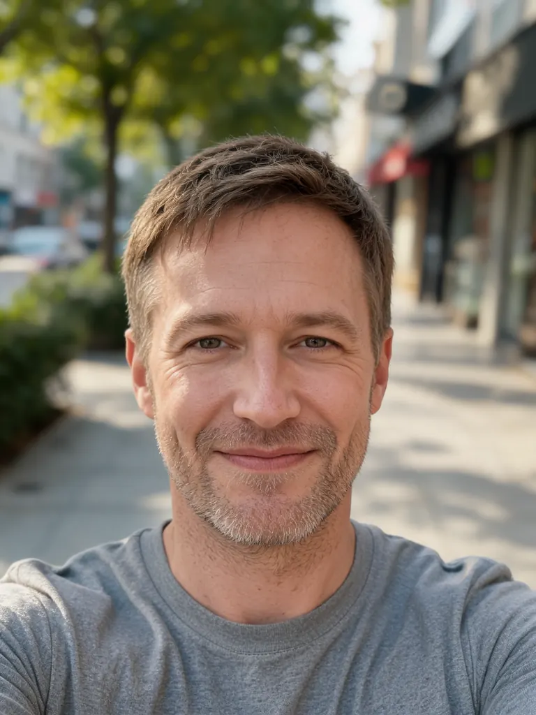 Original casual outdoor selfie of a man in a gray T-shirt