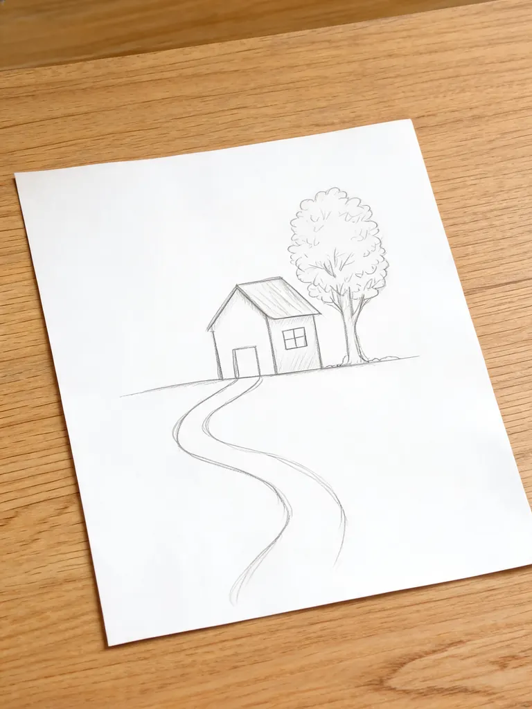 Phone photo of a simple pencil sketch of a small house with a tree