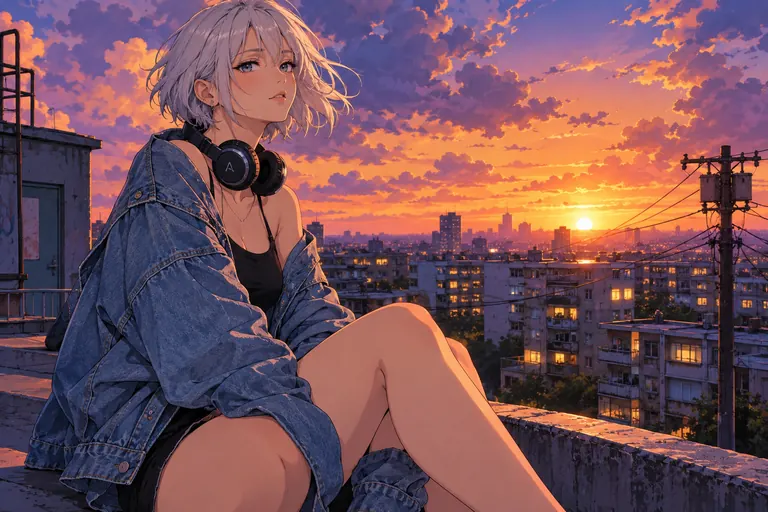 Anime illustration of an adult woman with short silver hair on a city rooftop at sunset