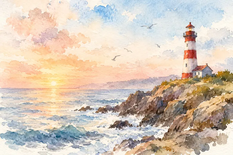 Loose watercolor painting of a red-and-white lighthouse on a rocky coast at dawn