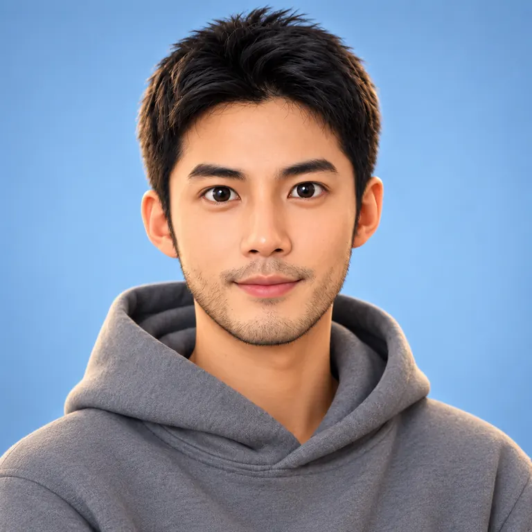 The same man as a 3D animated-style avatar in a gray hoodie on a soft blue background, made with an AI avatar generator