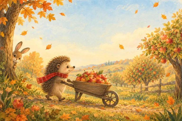 Picture book cartoon of a hedgehog in a red scarf pushing a wheelbarrow of apples through an autumn orchard