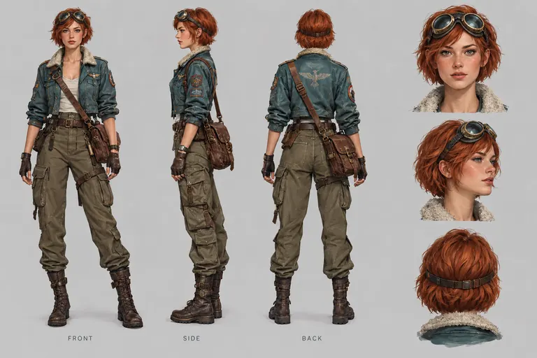 Character turnaround sheet of a sky courier in a teal flight jacket, front, side and back views, from the AI character art generator