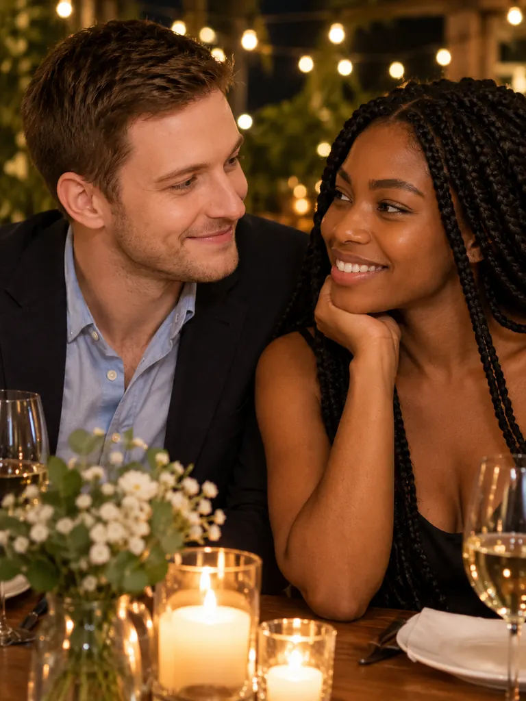The man and the woman from two separate photos together at a candlelit anniversary dinner