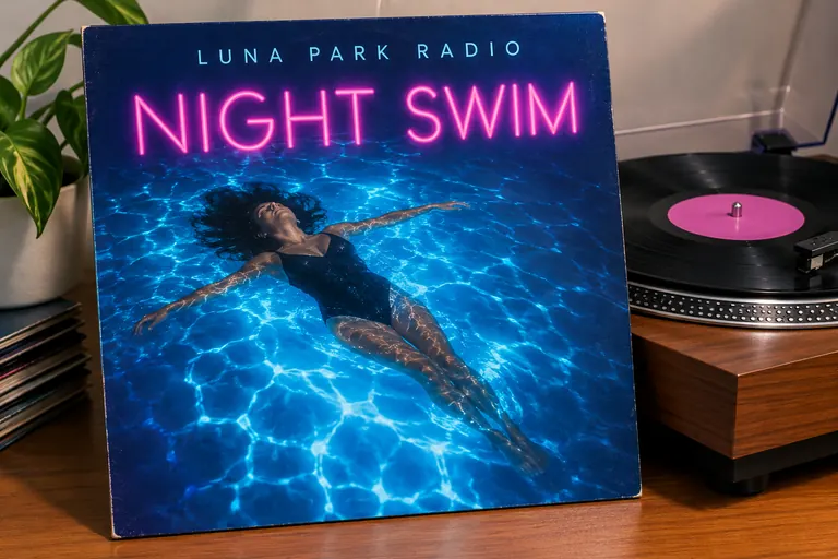Synth-pop album cover titled Night Swim on a vinyl sleeve next to a turntable, made with an AI cover art generator