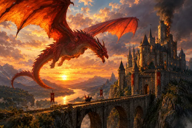 Red dragon circling a cliffside castle at sunset with a small knight on the bridge, painted by the AI fantasy art generator