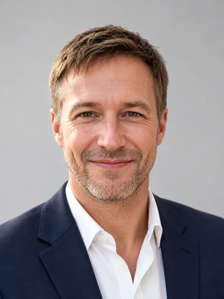 The same man in a navy suit jacket on a light gray studio backdrop, made with an AI headshot generator