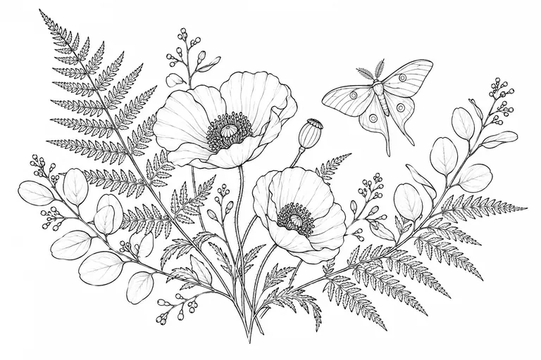 Black ink line art of ferns, poppies, eucalyptus and a moth on white paper, made with the AI line art generator