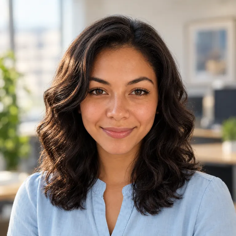 The same woman in a light blue blouse in front of a blurred office, as a square LinkedIn profile photo
