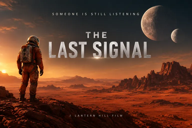 Sci-fi movie poster titled The Last Signal with a lone astronaut on a red desert under two moons, made with an AI movie poster generator