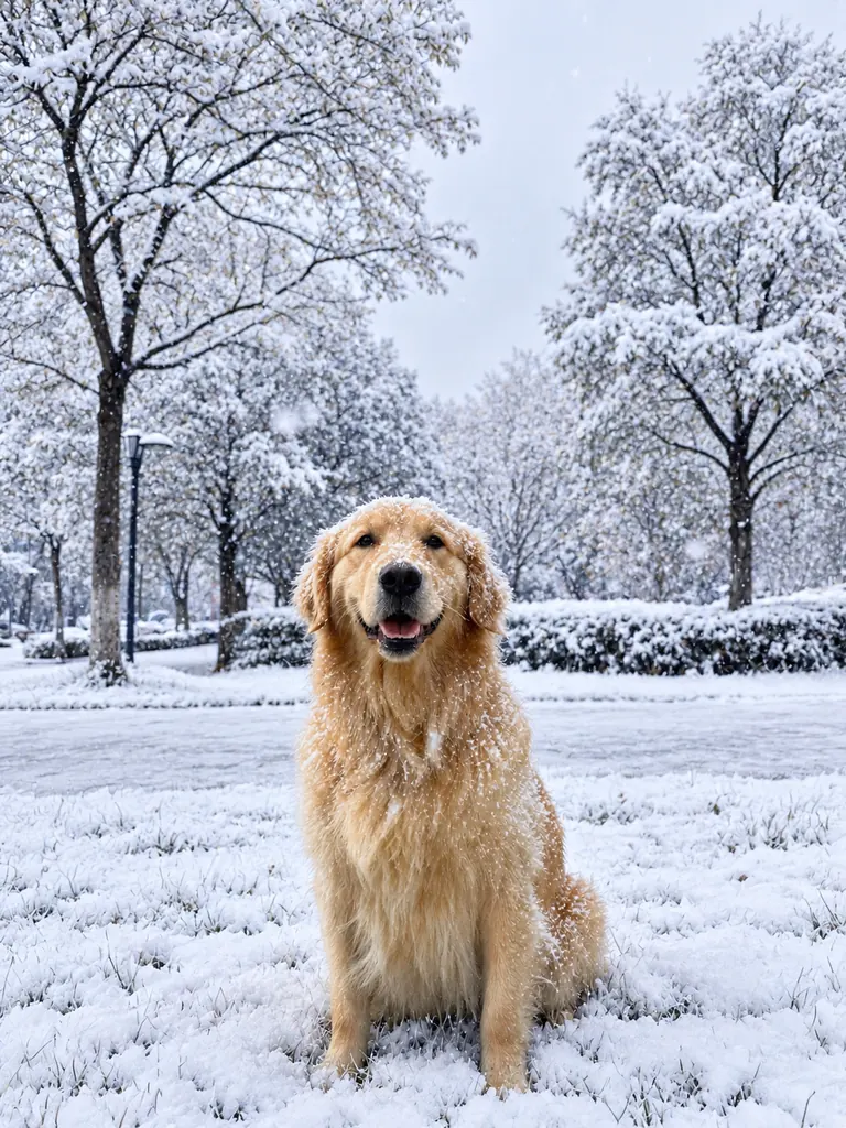 The same golden retriever in a snowy park after an AI photo editor weather edit