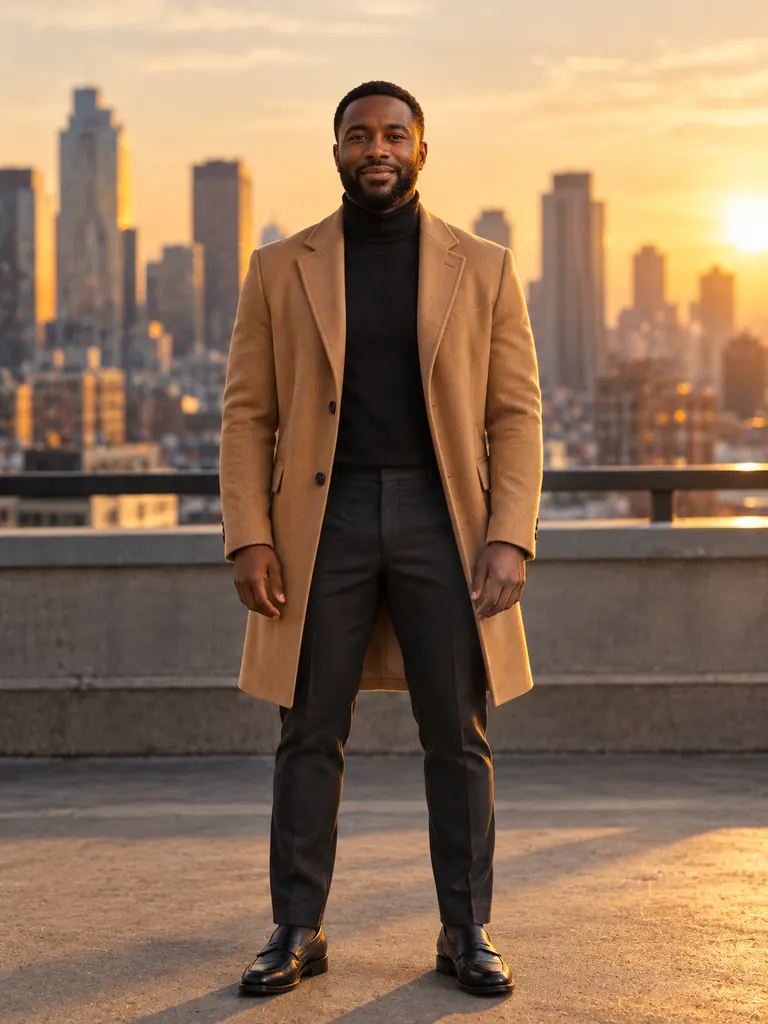 The same man in a camel overcoat on a rooftop at golden hour, from an AI photoshoot
