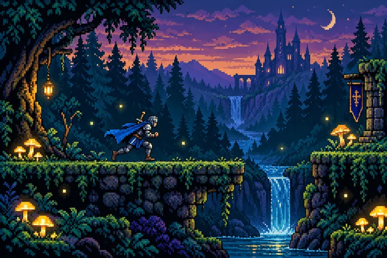 16-bit pixel art game scene of a knight with a blue cape running across stone platforms in a twilight forest