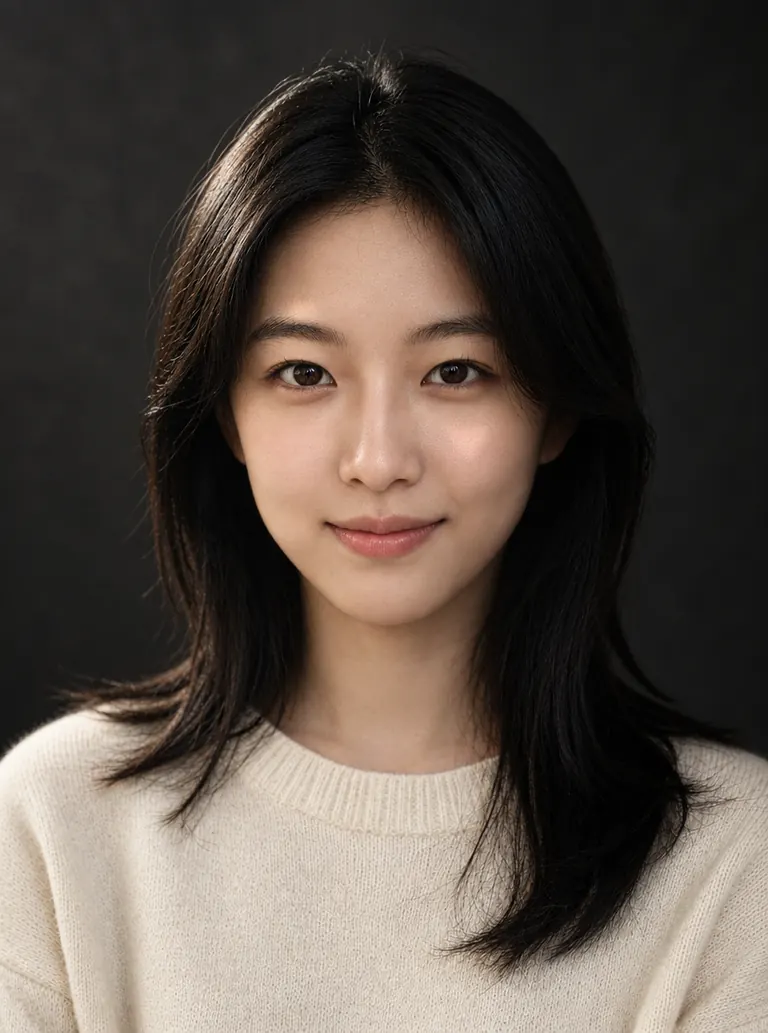 The same woman in a low-key studio portrait with Rembrandt lighting on a charcoal backdrop