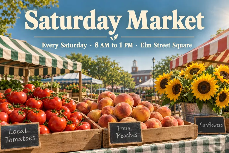Farmers market poster with the headline Saturday Market over crates of fruit and sunflowers, made with an AI poster generator