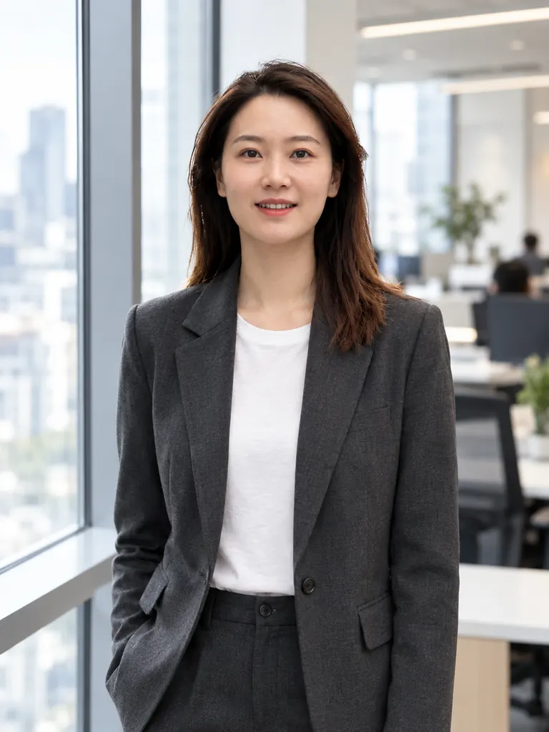The same woman in a charcoal blazer by an office window, made with an AI professional photo generator