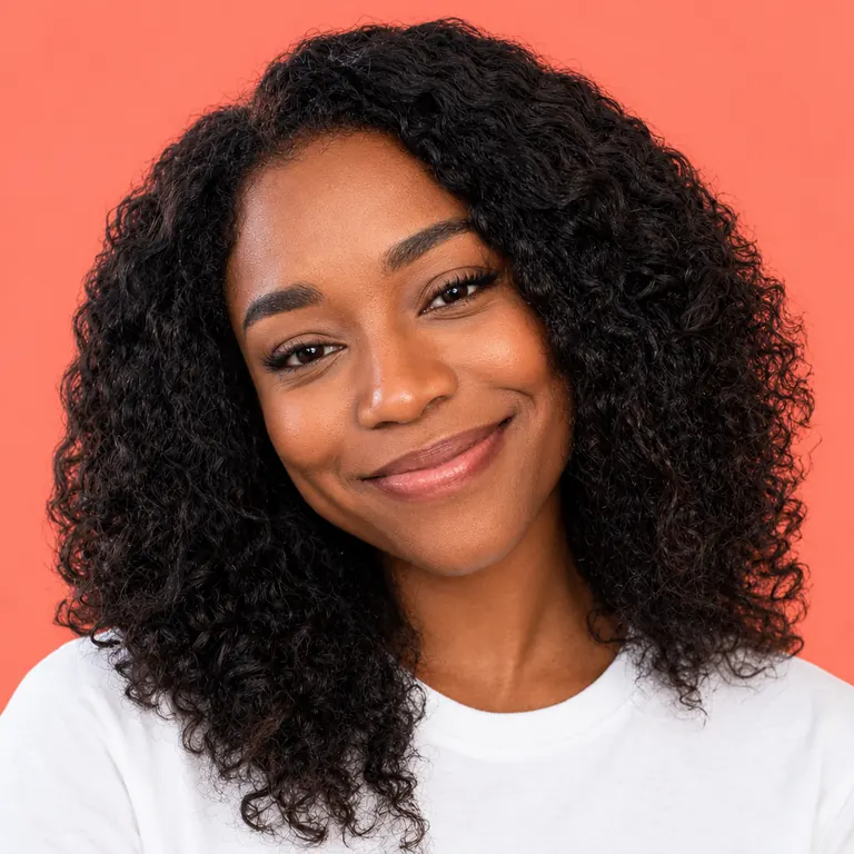 The same woman smiling on a solid coral background, as a square pfp from an AI profile picture generator