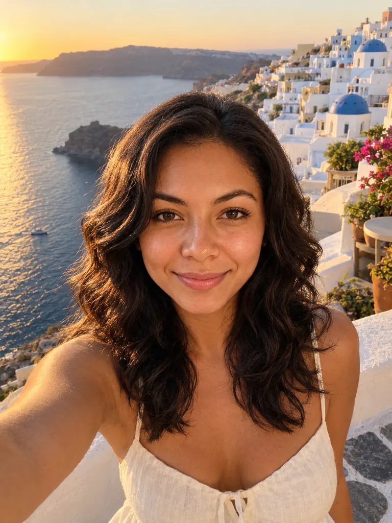 The same woman in a new AI selfie on a Greek island terrace at golden hour