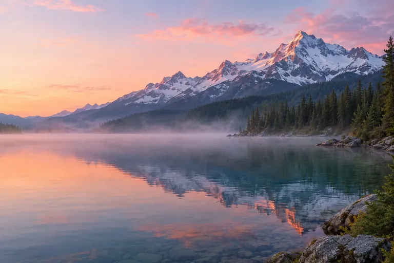 Desktop wallpaper of an alpine lake at dawn with mist, pines and snowy peaks, made with an AI wallpaper generator