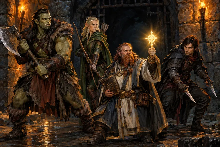 Adventuring party of a half-orc barbarian, elf ranger, dwarf cleric and human rogue at a torchlit dungeon entrance, made with the DnD AI art generator