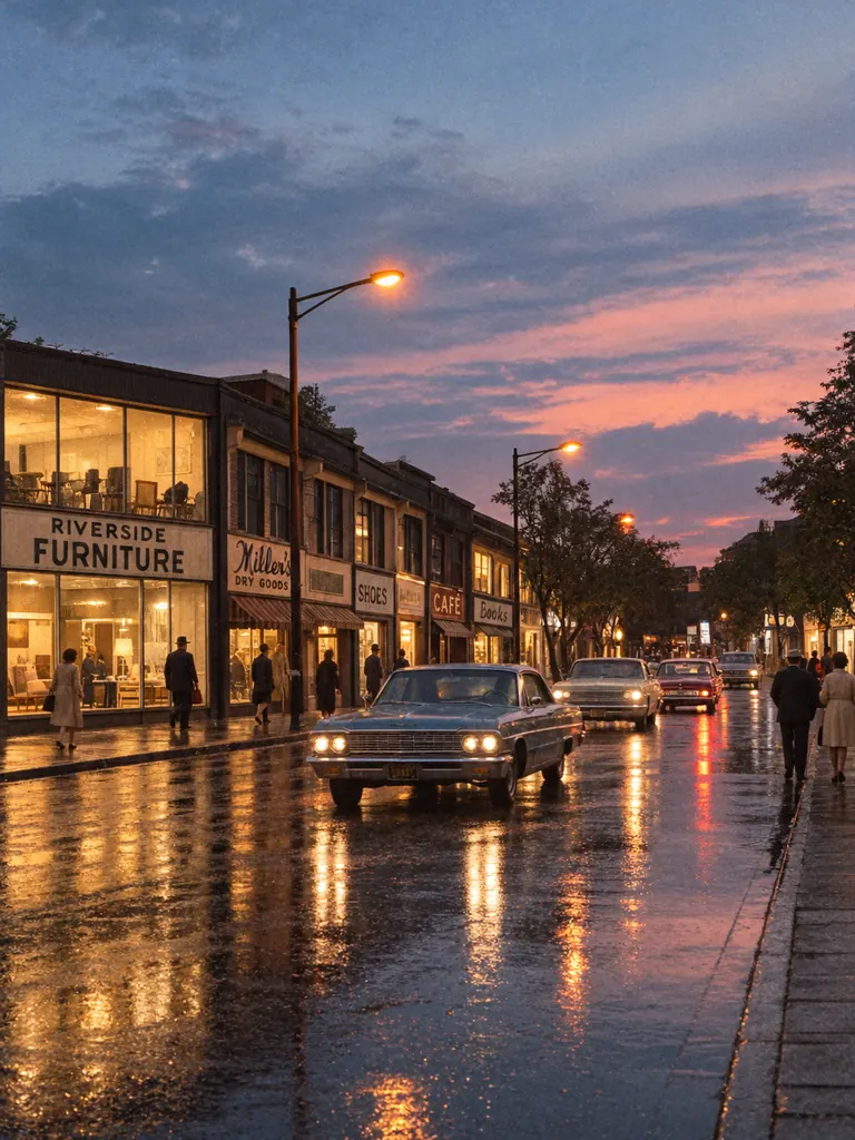 The same street restyled as the 1960s by image to image AI, with classic cars and period shop signs