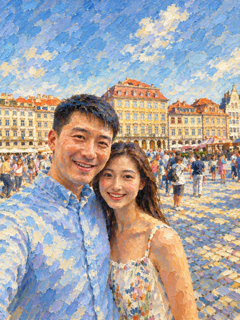 The same couple and plaza as an Impressionist oil painting with thick brushstrokes