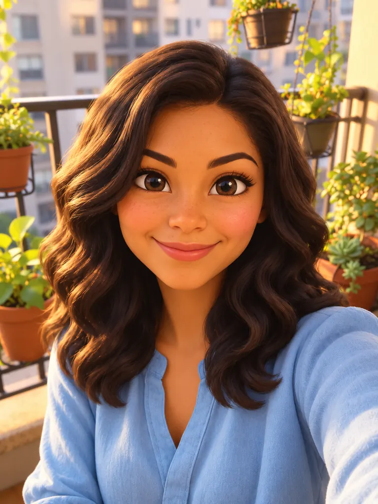 The same woman as a 3D animated cartoon character with warm balcony light