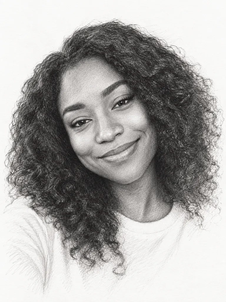 The same woman drawn as a graphite pencil portrait with hatching and unfinished edges