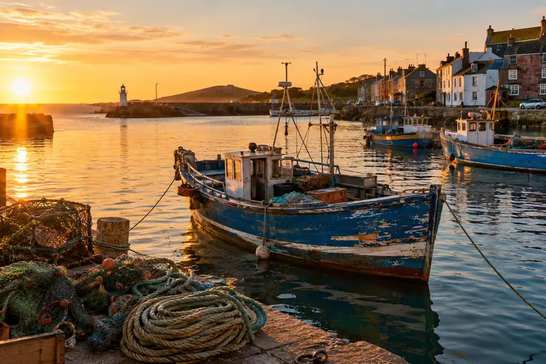 Photorealistic image of wooden fishing boats in a small harbor at golden hour