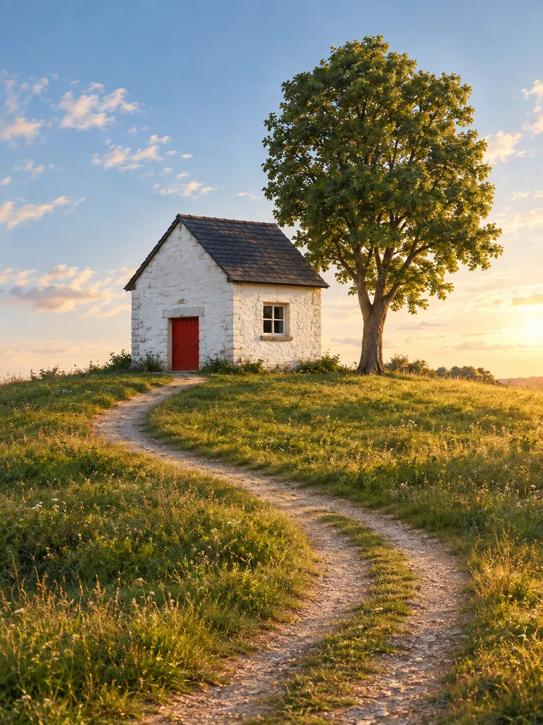 The same house and tree turned into a realistic photo with stone walls and a red door